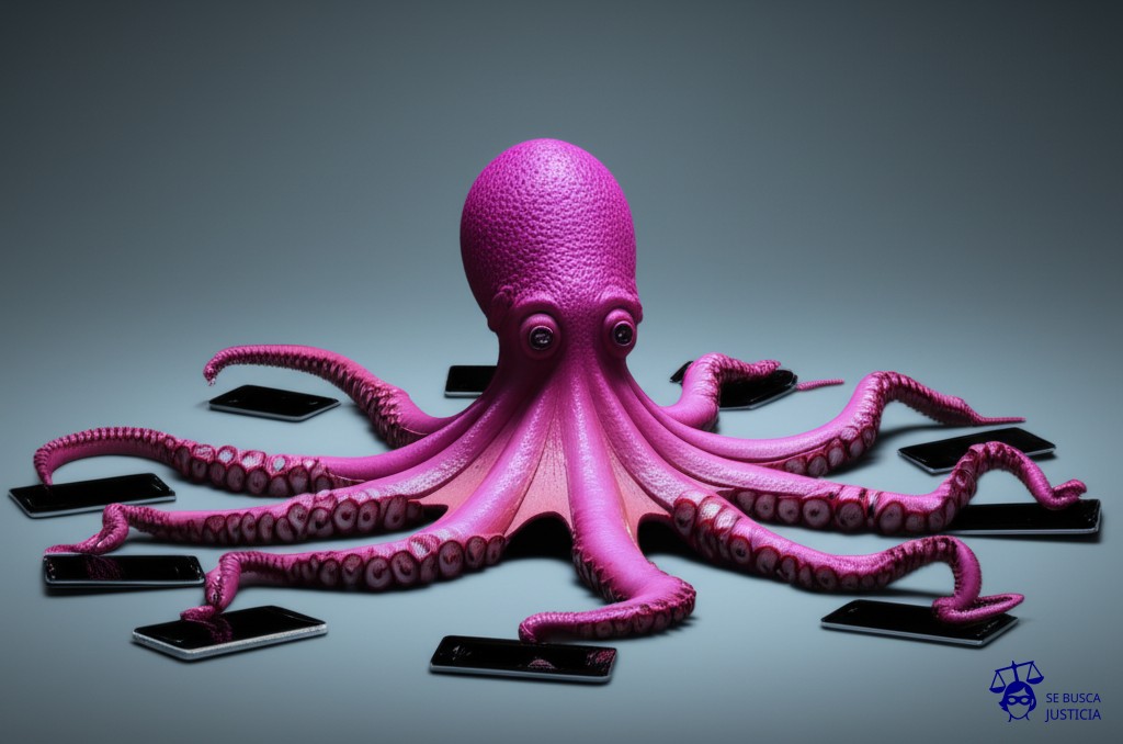 Un pulpo con tentáculos que terminan en teléfonos móviles, extendiéndose en todas direcciones. Representa: Apps que acceden a contactos sin justificación funcional