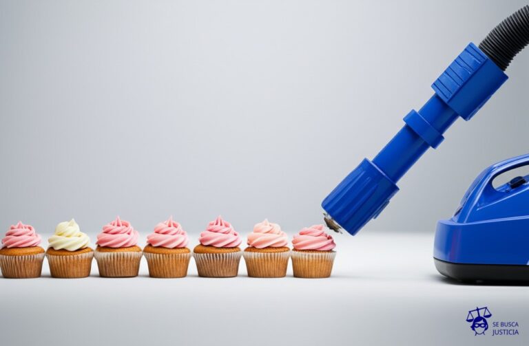 Una gran boca de aspiradora industrial engullendo vorazmente una hilera de cupcakes delicadamente decorados. Representa: Apropiación de contenido de blogs o sitios web por "scraping"