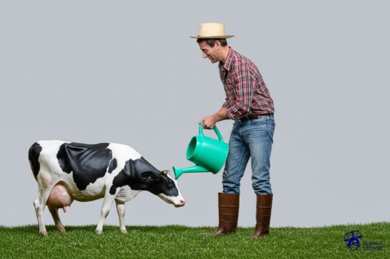 Un granjero con una vaca, visiblemente feliz, ordeñando... una regadera. Representa: Apropiación indebida