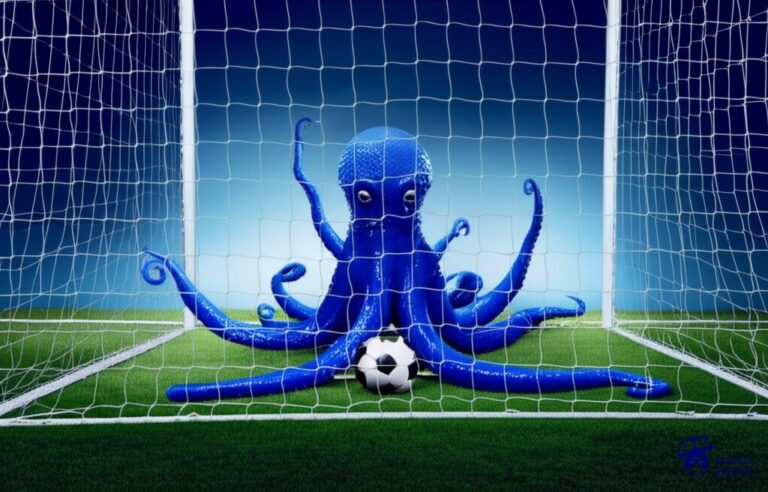 Un pulpo con ocho brazos, todos agarrando una sola pelota de fútbol, impidiendo que entre en una portería vacía. Representa: Arbitraje polémico en el Mundial Corea-Japón 2002 (España vs. Corea del Sur)