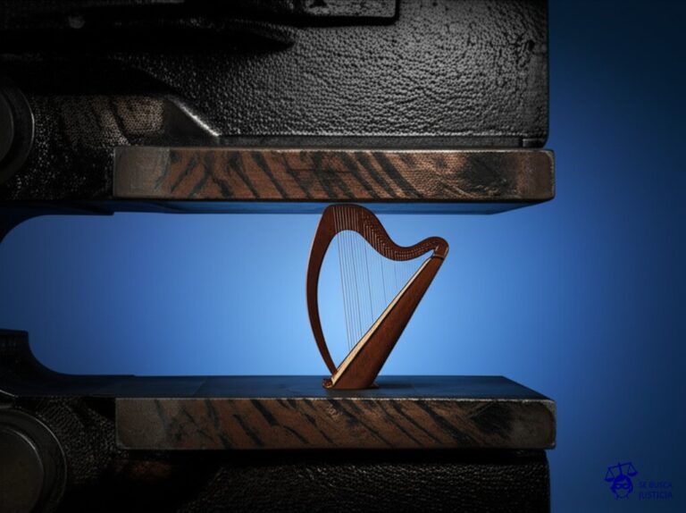 Un pequeño y delicado instrumento musical (como un arpa o un laúd) siendo aplastado por una enorme y tosca prensa industrial. Representa: Ariel Ramirez sufrio el embate de la maquinaria represiva del estado durante la dictadura argentina