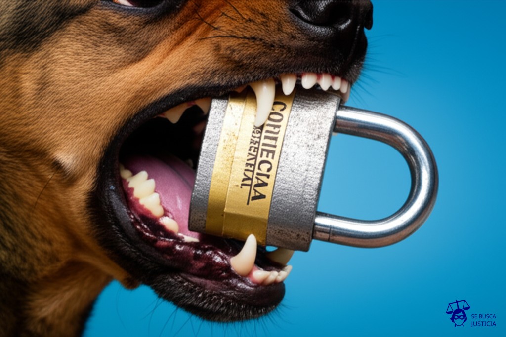 Un candado gigante, oxidado y con una etiqueta que dice CONFIDENCIAL, siendo masticado por una enorme boca de perro con colmillos afilados. Representa: Ataque de ransomware afectando información confidencial