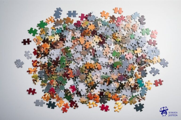 Un rompecabezas gigante, con piezas de diferentes formas y colores, desparramado y sin caja ni imagen de referencia. Representa: Ausencia de contrato claro de cesión de derechos en colaboraciones artísticas