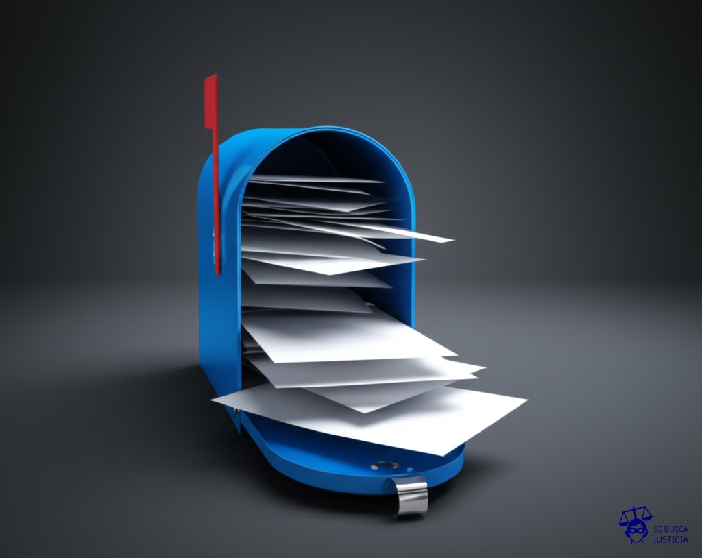 Un buzón de correo transparente, con la tapa abierta y repleto de cartas desparramándose, algunas incluso fuera del buzón, en un entorno ventoso. Representa: Ausencia de medidas técnicas y organizativas de protección de datos