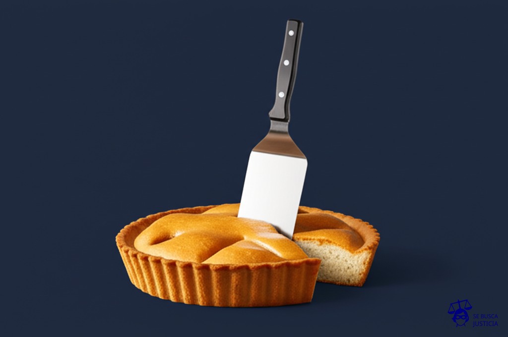 Un gran pastel, perfectamente horneado y apetitoso, con una pala de construcción clavada en el centro, comiéndose un trozo. Representa: Ausencia de una legislación específica para la minería a cielo abierto