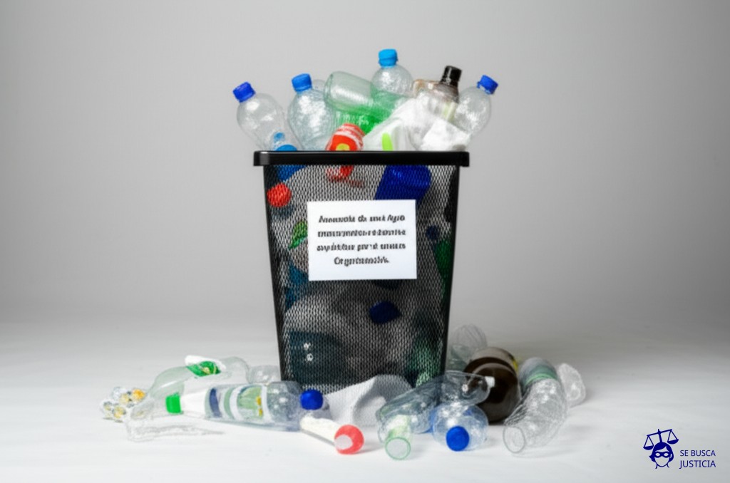 Un cubo de basura desbordante, con envases de todo tipo cayéndose y regados por el suelo, junto a un cartelito diminuto que dice Organización. Representa: Ausencia de una ley de presupuestos mínimos para la gestión de envases