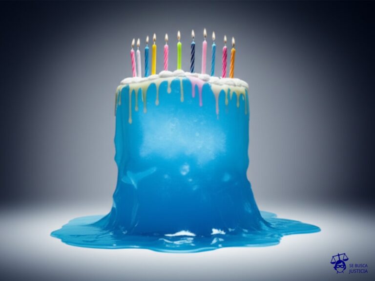 Un enorme iceberg, con forma de pastel de cumpleaños, que se está derritiendo lentamente bajo un sol radiante. Representa: Avances en el caso del memorándum con Irán (Argentina)