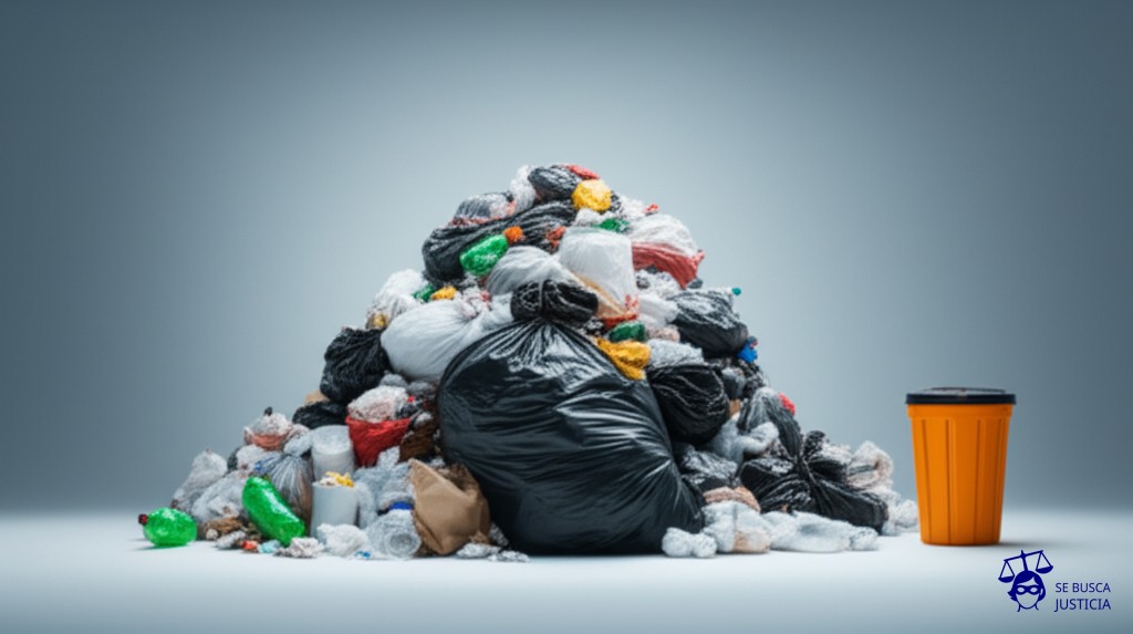 Un inmenso basurero desbordante. Al lado, un pequeño cubo de basura, casi vacío. Representa: Baja aplicación de multas y sanciones en casos de infracciones ambientales