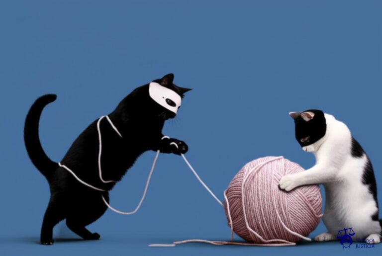 Un gato negro, con una máscara, intentando robar un ovillo de lana gigante y enredado en él, mientras otro gato, también enmascarado, lo jala del otro extremo. Representa: Banksy fue objeto de disputa legal por la autoría y propiedad intelectual de sus obras anónimas