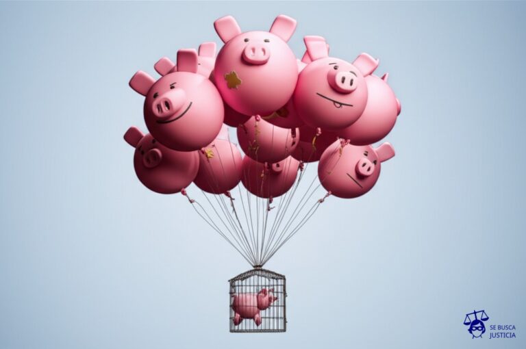 Un grupo de globos aerostáticos con forma de cerdos, atados a una jaula de metal oxidada, flotando a media altura. Uno de los globos tiene un parche. Representa: Banksy ha sido criticado por el uso de animales en algunas de sus exposiciones generando debate sobre el maltrato animal