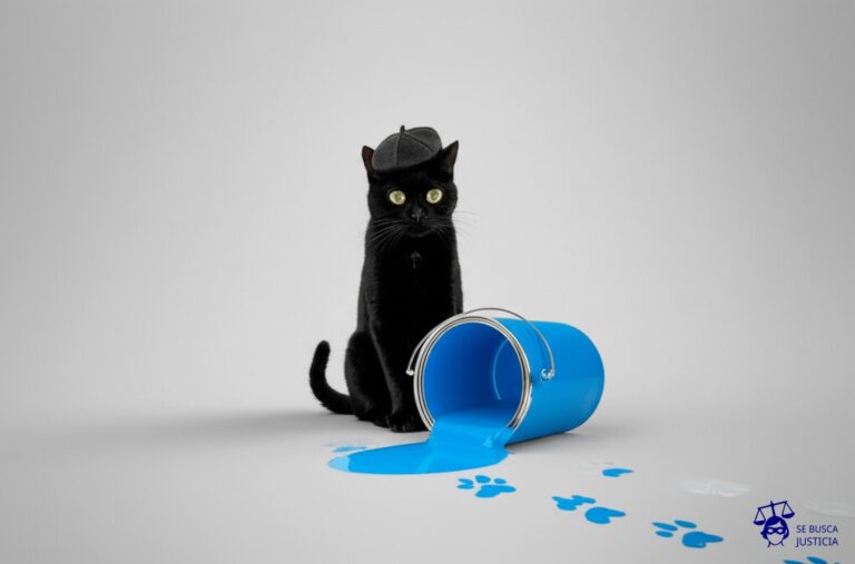 Un gato negro, con una boina, saliendo sigilosamente de un cubo de pintura volcado, dejando huellas de pintura por todas partes. Representa: Banksy ha sido investigado por actos de vandalismo en espacios públicos en múltiples países