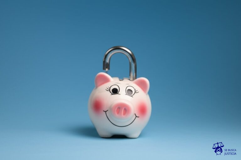 Un gran candado oxidado, colgado torpemente en una alcancía de cerdito de cerámica, con la ranura para las monedas obstruida por el mismo candado. Representa: Bloqueo de cuentas por error sin justificación legal