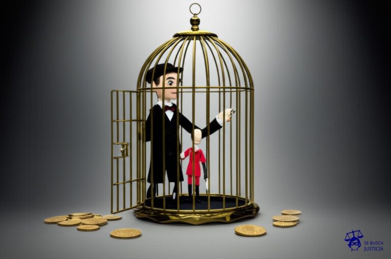 Un artista (representado por un muñeco de ventrílocuo) con una marioneta (representando la obra Exhibit B) atascada en una jaula dorada, con un puñado de monedas de oro desparramadas por el suelo, a la vez que el artista intenta desesperadamente abrir la cerradura con una llave diminuta. Representa: Brett Bailey enfrentó protestas legales por su obra 'Exhibit B' acusada de racismo y cosificación