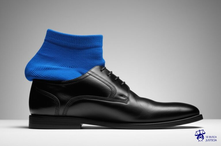 Un calcetín metido a la fuerza en el zapato equivocado, visiblemente más grande y con el talón sobresaliendo. Representa: Cambio de apellido de un menor sin consentimiento