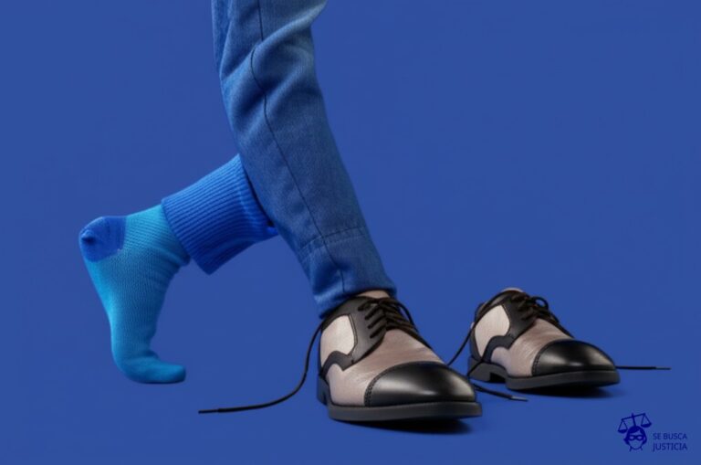 Un calcetín huyendo a toda velocidad de un zapato, dejando atrás al otro zapato, que está visiblemente perplejo y solo. Representa: Cambio de domicilio del menor sin autorización del otro progenitor
