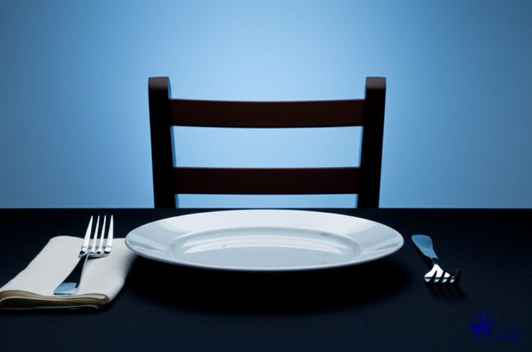 Una silla vacía en una mesa servida, con un plato a medio comer y una servilleta arrugada. Representa: Cancelación de servicios sin previo aviso