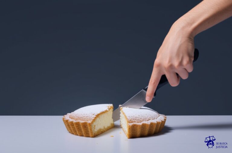 Un brazo cortando un pastel a la mitad, dejando la otra mitad en la mesa. Representa: Cancelación unilateral de la póliza