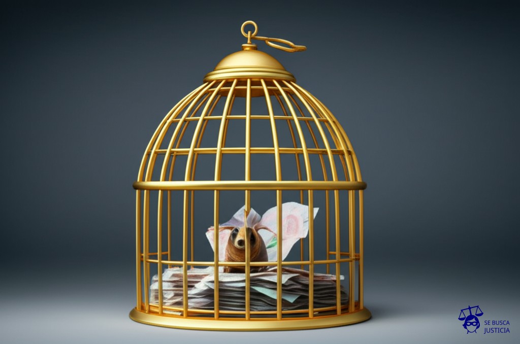 Una jaula de oro, grotescamente grande, con barrotes torcidos y remendados. Dentro, en lugar de un animal, un montón de billetes de banco arrugados y con alas. Representa: Captura y tráfico ilegal de fauna silvestre