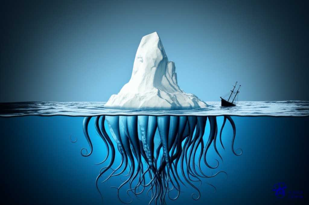 Un iceberg con un pequeño y visible pico, y una inmensa base sumergida bajo el agua, llena de pequeños tentáculos pegajosos que se extienden hacia un barco que se hunde lentamente. Representa: Cargos ocultos en contratos de servicios