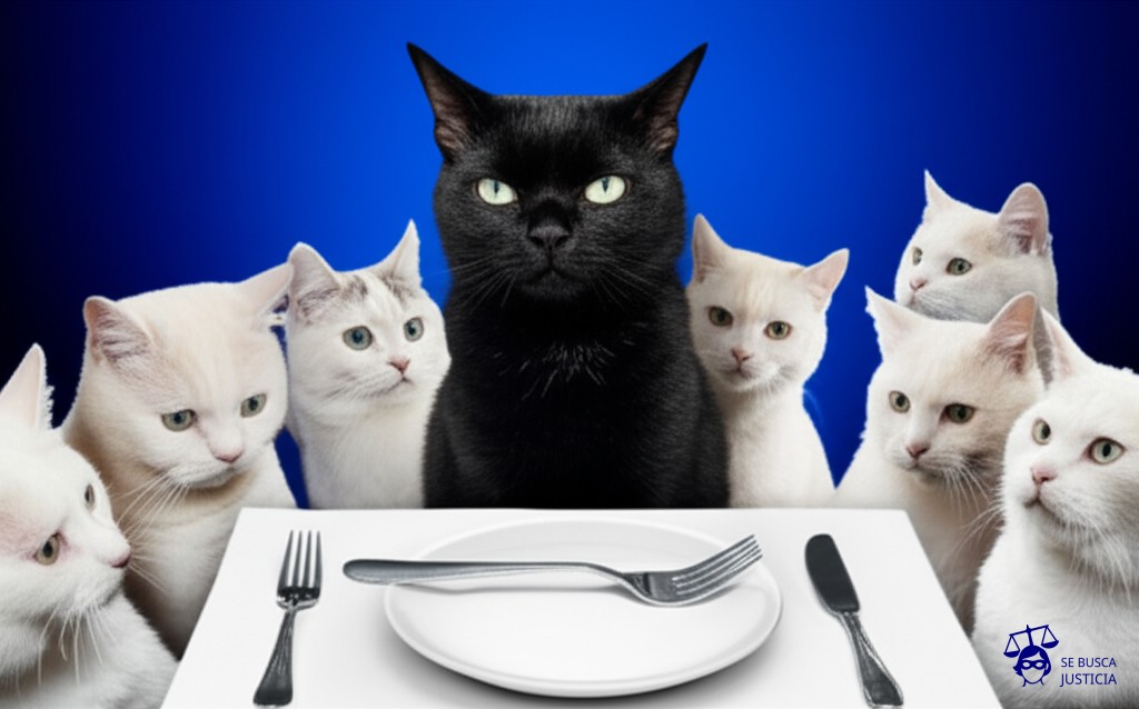 Un gato negro, visiblemente culpable, sentado en una mesa elegantemente puesta, con un plato vacío y un tenedor torcido. Alrededor de la mesa, muchos otros gatos, todos blancos, miran fijamente al gato negro con expresiones de sorpresa fingida. Representa: Caso Dreyfus