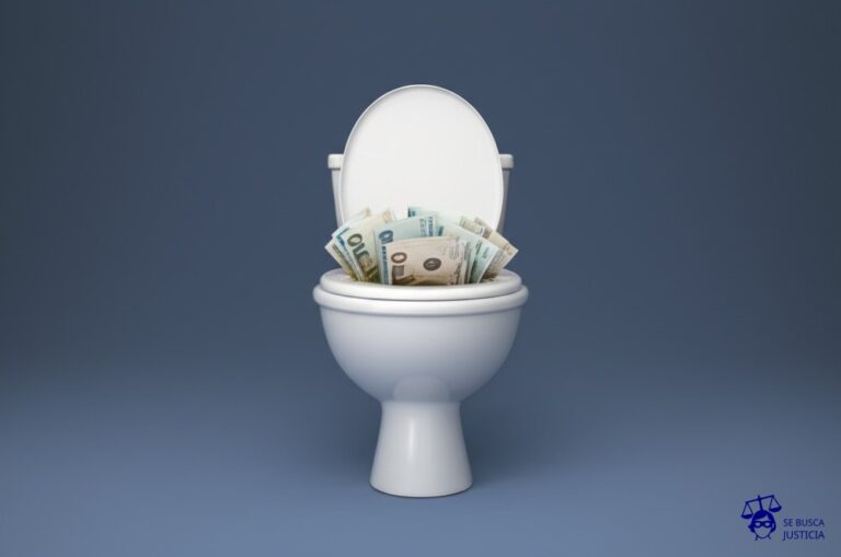 Un inodoro tragándose un montón de billetes de banco. Representa: Cierre unilateral de cuentas bancarias