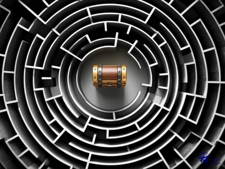 Un laberinto. En el centro, un pequeño cofre del tesoro. Las paredes del laberinto se estrechan gradualmente hacia el cofre, haciéndose cada vez más intrincadas y difíciles de navegar. Representa: Cláusulas abusivas en contrato de alquiler