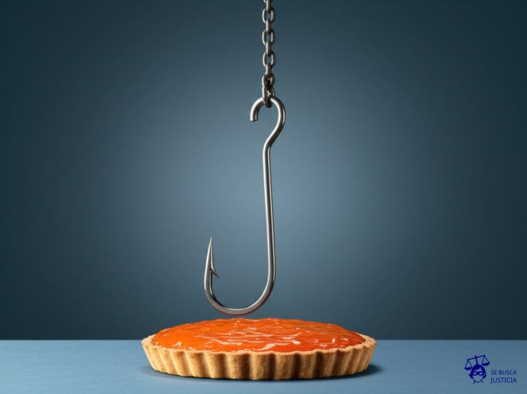 Un anzuelo gigante, visiblemente oxidado y con púas afiladas, sobresaliendo de una jugosa tarta de cumpleaños. Representa: Cláusulas abusivas en el contrato