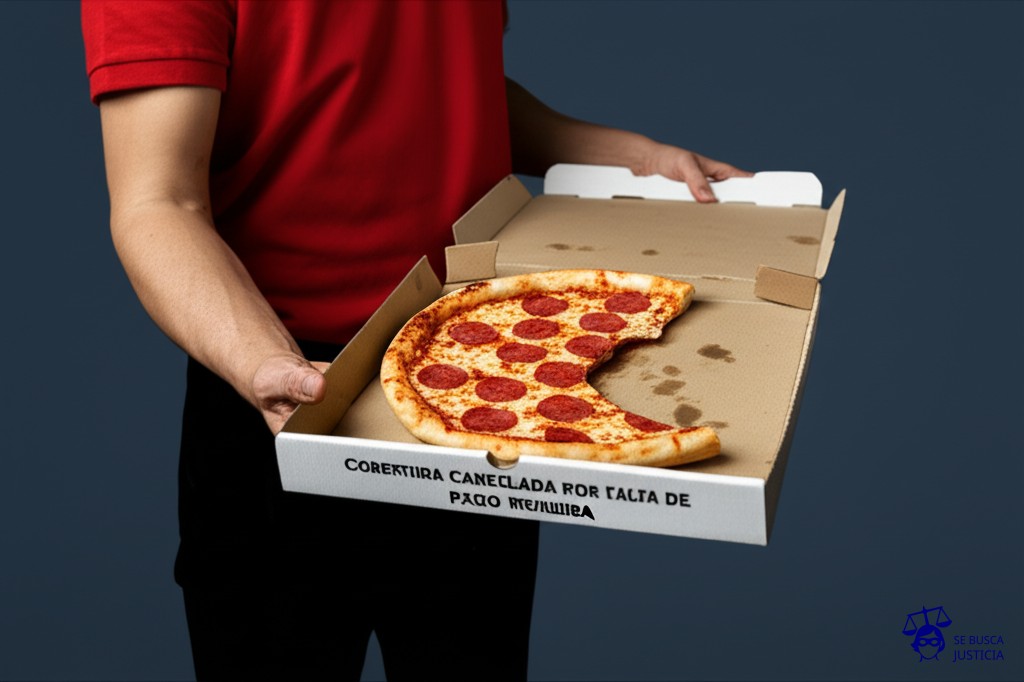 Una pizza a medio comer, con una gran mordida faltante, y el repartidor retirando la caja. Representa: Cobertura cancelada por falta de pago indebida