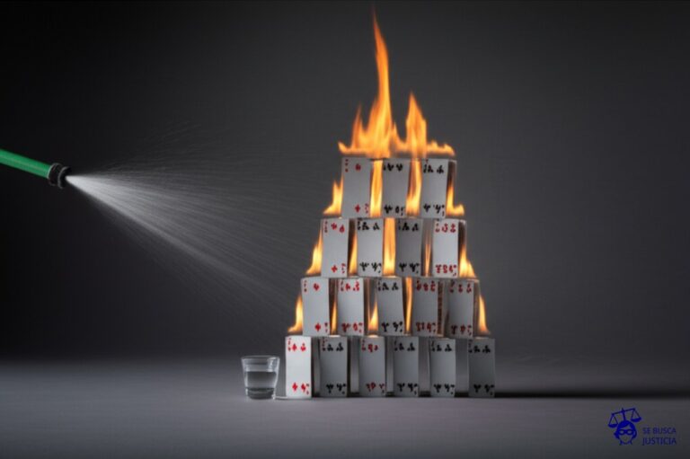 Un castillo de naipes en llamas, con una manguera de agua apuntando hacia un vaso de chupito. Representa: Cobertura inadecuada para daños por incendio intencional