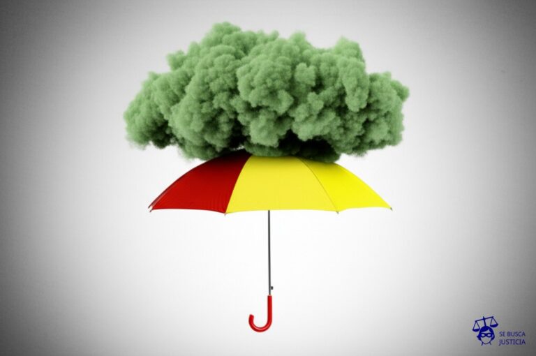 Un pequeño paraguas intentando cubrir una gigantesca nube de lluvia ácida. Representa: Cobertura insuficiente para daños por contaminación