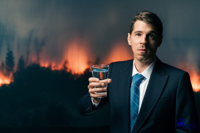 Un hombre con un pequeño vaso de agua intentando apagar un incendio forestal masivo. Representa: Cobertura insuficiente para daños por incendios forestales