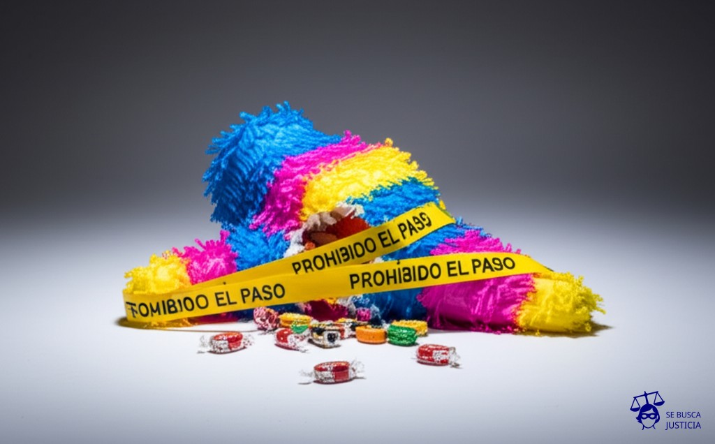 Una piñata rota, con caramelos esparcidos en el suelo, y un solo caramelo intacto, con una cinta de Prohibido el paso rodeándolo. Representa: Cobertura insuficiente para robo o vandalismo