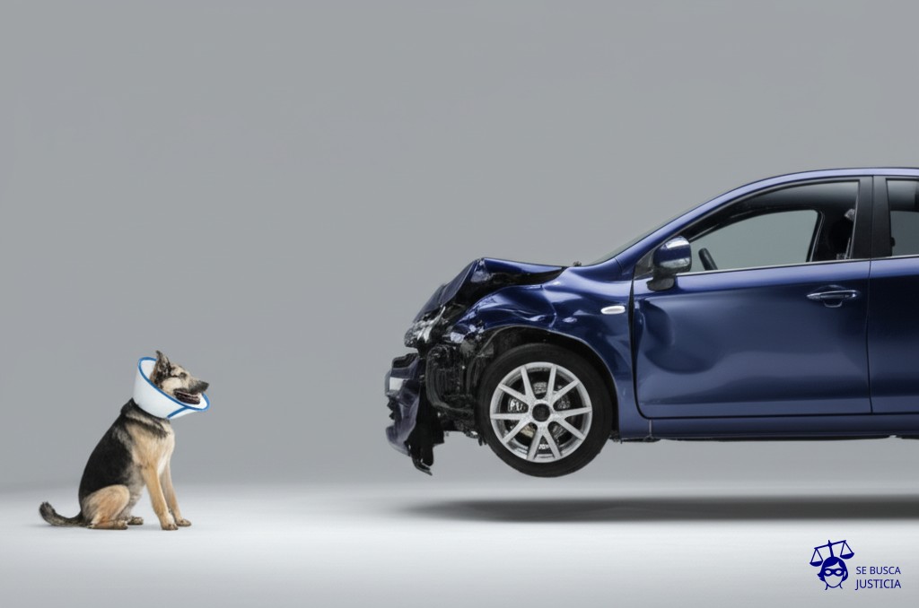 Un coche con una rueda pinchada, a punto de atropellar a un perro que lleva puesto un collarín. Representa: Cobertura limitada para daños en bienes de terceros