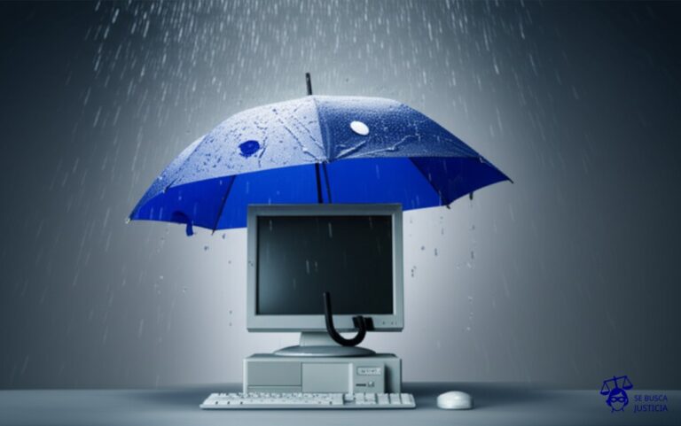 Un paraguas con agujeros por todos lados, lloviendo a cántaros encima de una computadora. Representa: Cobertura limitada para daños en sistemas informáticos