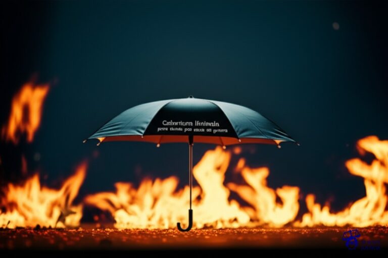 Un paraguas diminuto intentando cubrir un campo de batalla en llamas. Representa: Cobertura limitada para daños por actos de guerra