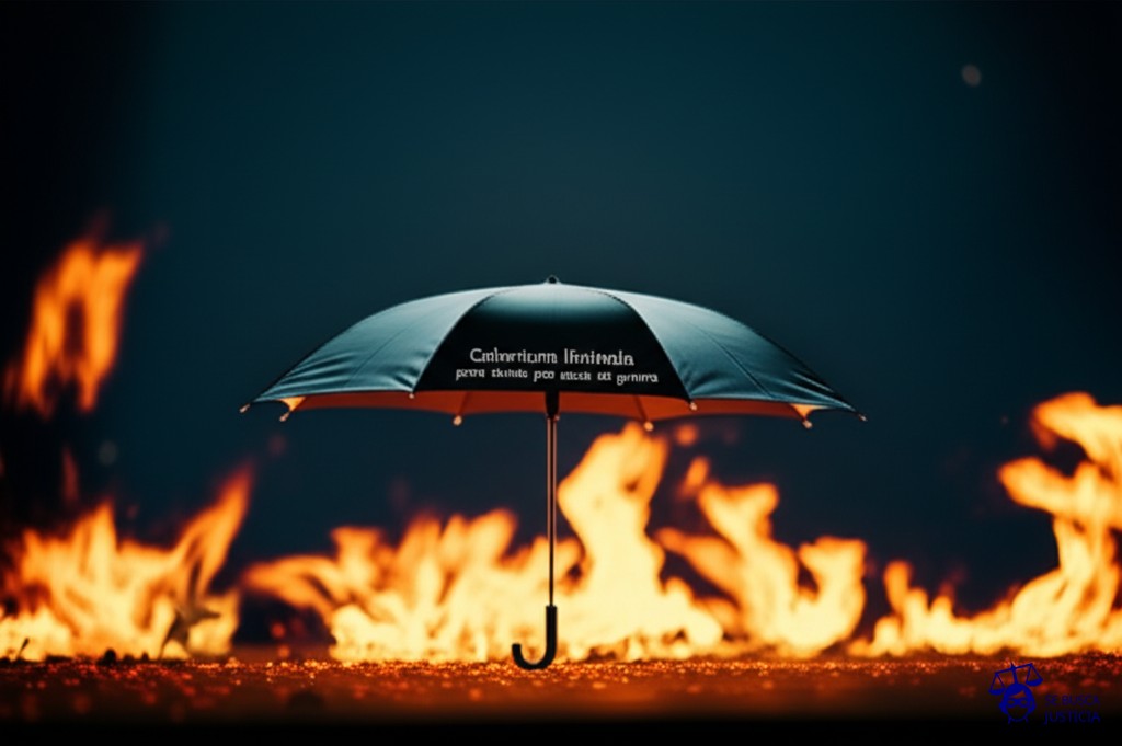Un paraguas diminuto intentando cubrir un campo de batalla en llamas. Representa: Cobertura limitada para daños por actos de guerra