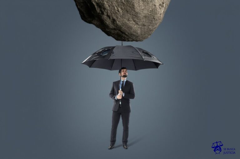Un hombre parado debajo de un paraguas con agujeros. Sobre él, una gran roca a punto de caer. Representa: Cobertura limitada para daños por caídas de objetos