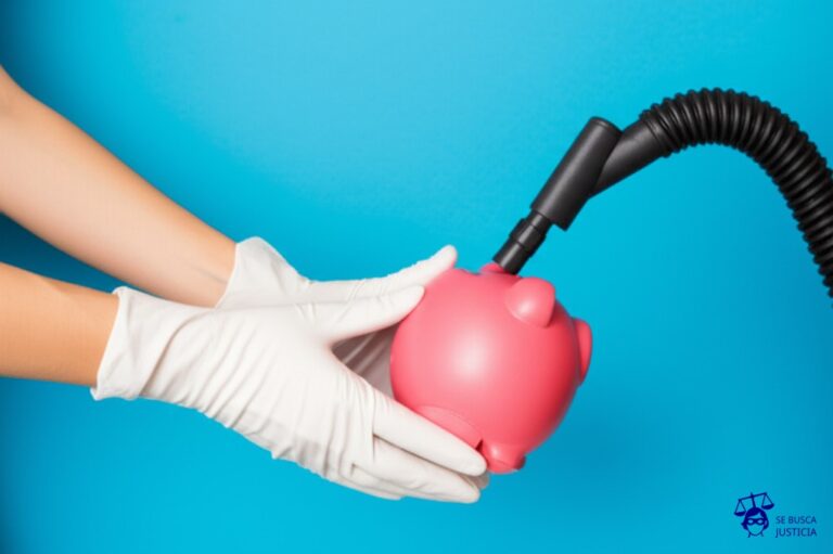 Un par de manos, ambas con guantes blancos, sostienen una alcancía de cerdito que está siendo succionada por una aspiradora. Representa: Cobro de seguros de desempleo o vida sin consentimiento informado