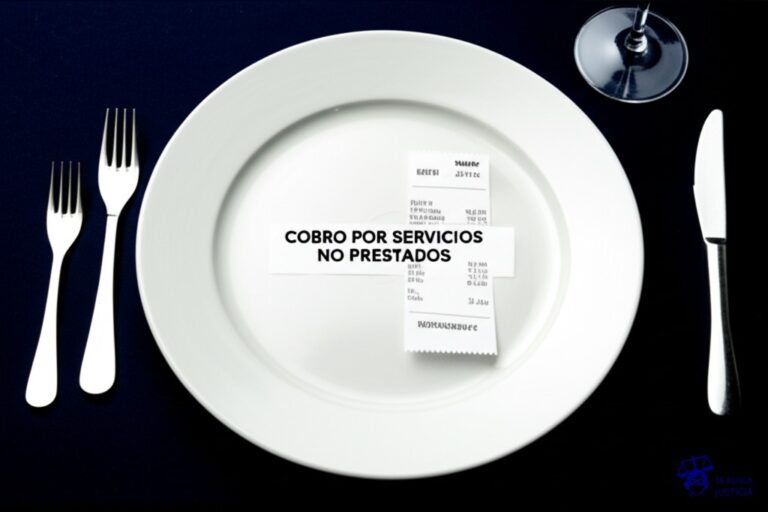 Un plato vacío sobre una mesa, con una cuenta de restaurante exageradamente alta al lado. Representa: Cobro por servicios no prestados