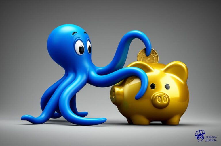 Un pulpo con tentáculos que se extienden hacia una alcancía, sacando monedas de ella. Representa: Cobros indebidos en comisiones bancarias