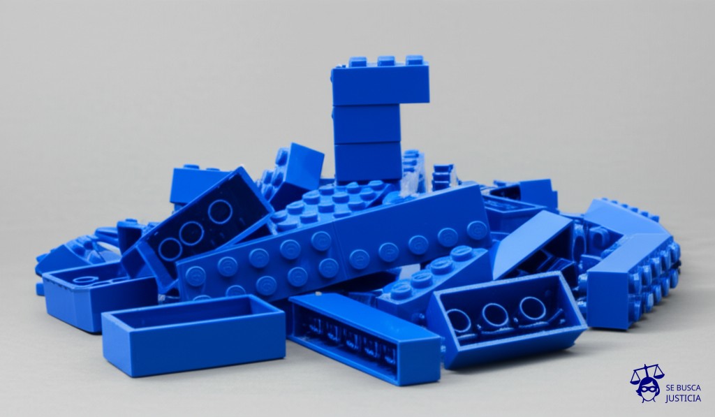 Un montón de bloques de Lego desparramados y desordenados, con un par de bloques aún intentando mantenerse en pie precariamente. Representa: Colapso de estructura en construcción