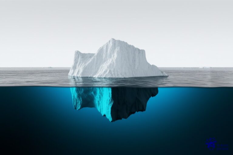 Un iceberg con la mayor parte de su volumen sumergido y oculto bajo el agua. Representa: Comercio en negro o sin facturación