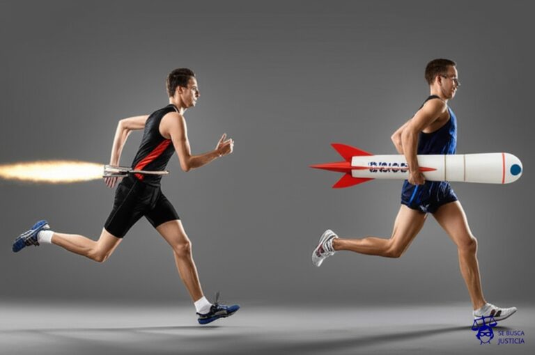 Un atleta con zapatillas y un cohete atado a la espalda, compitiendo contra otro atleta con zapatillas normales. Representa: Competencia desleal entre empresas