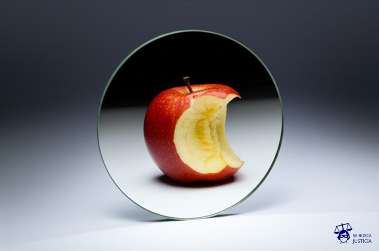 Un espejo deformante reflejando una manzana mordida. Representa: Competencia desleal por imitación de productos con marca registrada en el mercado local