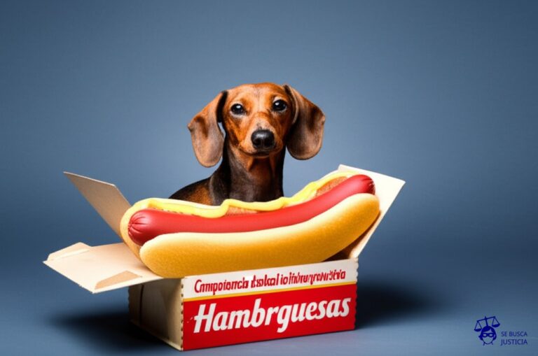 Un pequeño perro salchicha, con la forma y colores de un hot dog, intentando meterse a la fuerza en una caja de cartón que claramente está etiquetada como Hamburguesas. Representa: Competencia desleal por uso indebido de branding protegido