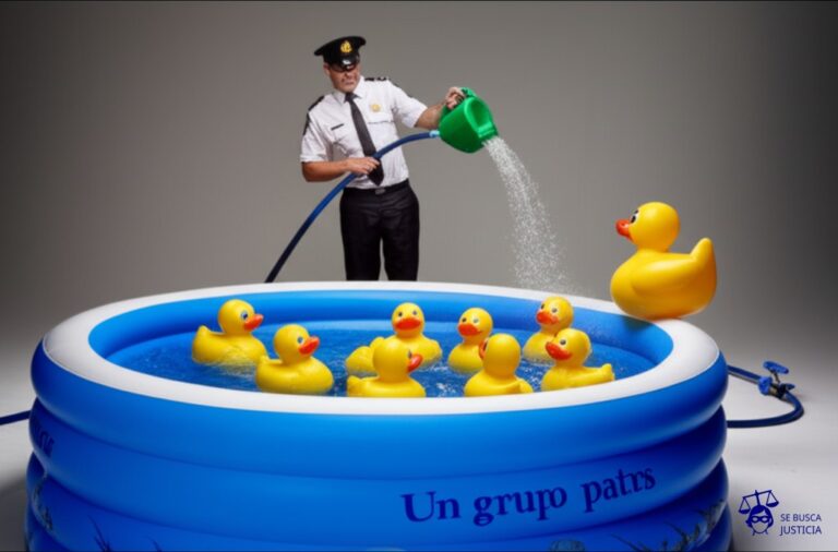 Un grupo de patos (representando particulares) sentados en un jacuzzi inflable, mientras que una sola persona (representando la autoridad) les vierte agua caliente con una regadera, ignorando una manguera conectada a una piscina vacía y agrietada (representando la base legal). Representa: Concesión de privilegios a particulares sin base legal