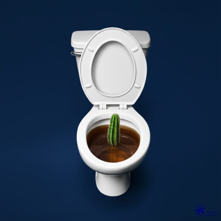 Un inodoro desbordado, con un pequeño cactus creciendo en el centro del agua sucia. Representa: Condiciones insalubres de trabajo