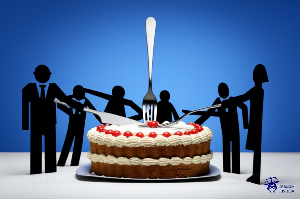 Un pastel gigante, exquisitamente decorado, con varios comensales (representados por figuras abstractas, como siluetas o formas geométricas) forcejeando por un solo tenedor. Representa: Conflicto entre condóminos por uso de espacios comunes