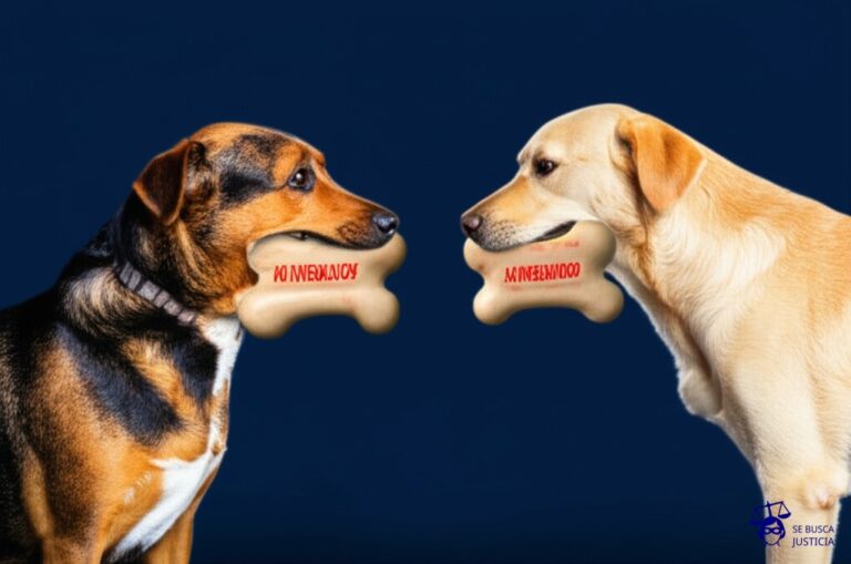 Un par de perros, cada uno con un hueso grande en la boca, tirando en direcciones opuestas. Los huesos son idénticos, pero tienen diferentes formas de marcas grabadas. Representa: Conflicto por el uso de logotipos en uniformes deportivos