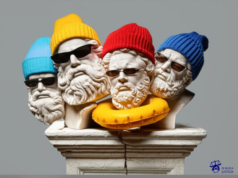 Un grupo de esculturas de mármol (estilo clásico), cada una con un accesorio moderno y ridículo: un gorro de lana, gafas de sol con brillos, un flotador inflable en forma de patito. Todas están apretujadas en un pedestal pequeño y agrietado, con miradas de fastidio. Representa: Conflicto por el uso de obras en el dominio público con adaptaciones recientes